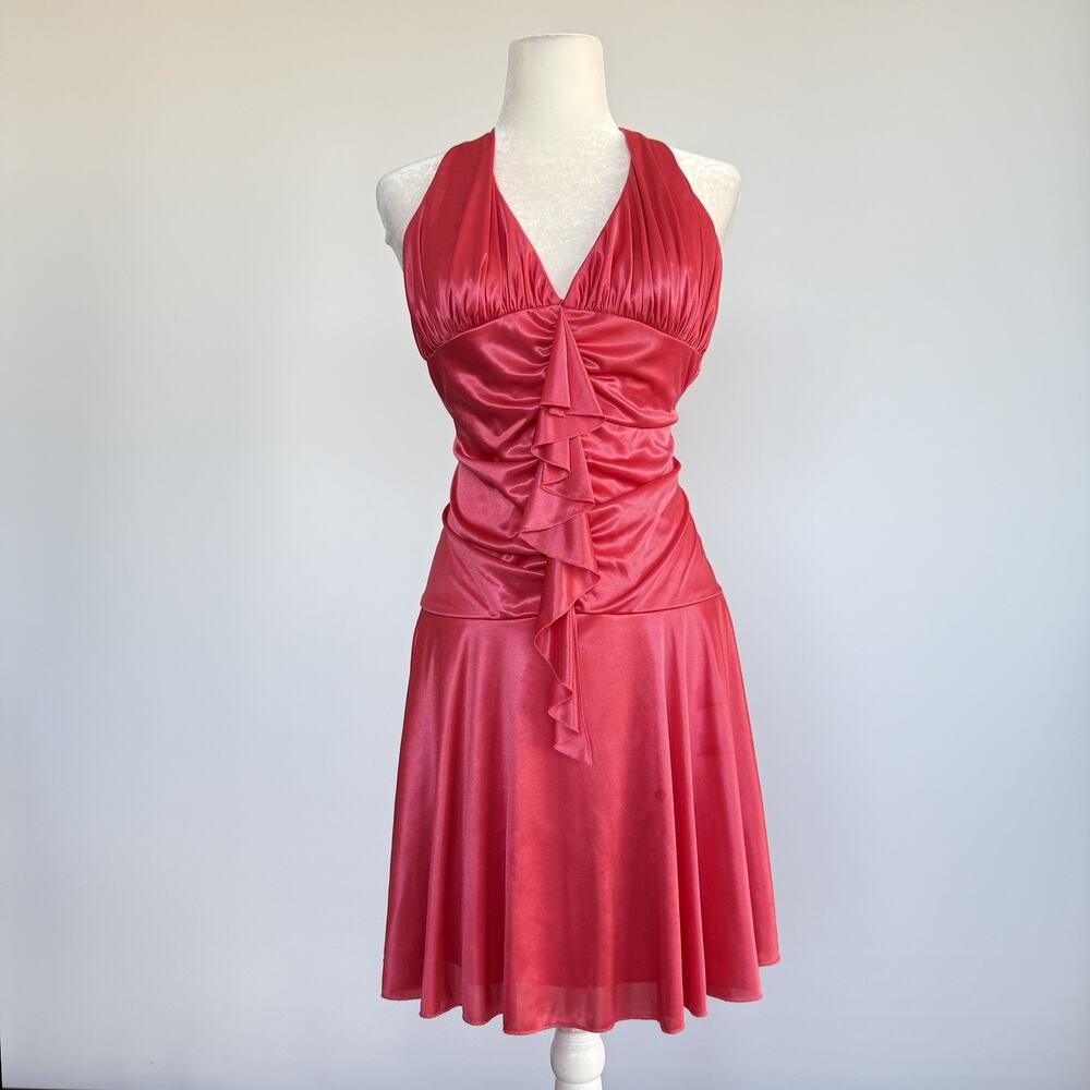 Jodi Kristopher Dress Juniors L Pink Halter Ruched Ruffle Satin Party Cocktail
